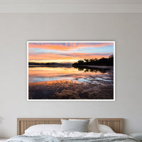 Top Lake Sunset in a white frame without a mat, on a coastal bedroom wall