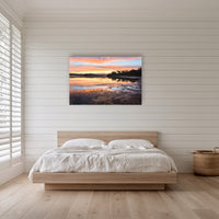 Top Lake Sunset acrylic panel wall art in a shiplap-panelled bedroom