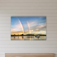 Rainbow over Merimbula Lake acrylic panel wall art in a shiplap-panelled bedroom