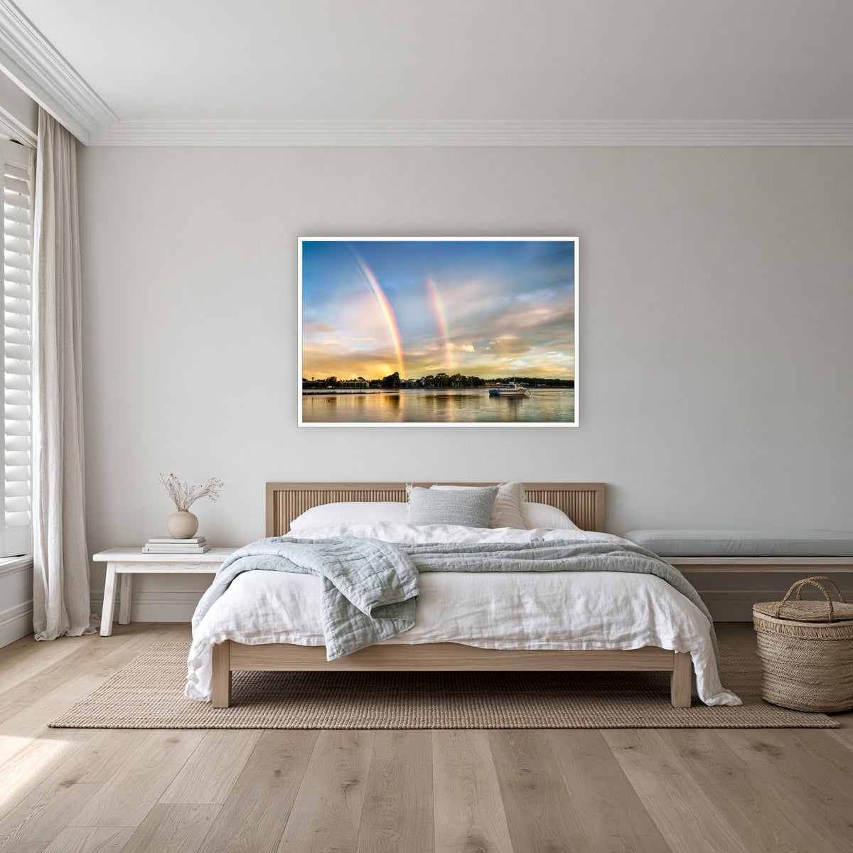 Rainbow over Merimbula Lake in a white frame without a mat, on a coastal bedroom wall