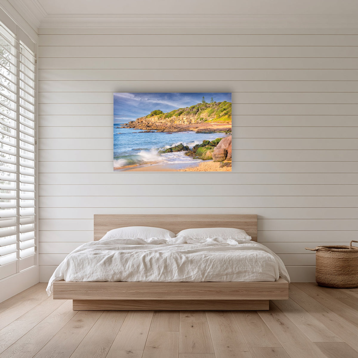 Short Point Cliffs acrylic panel wall art in a shiplap-panelled bedroom