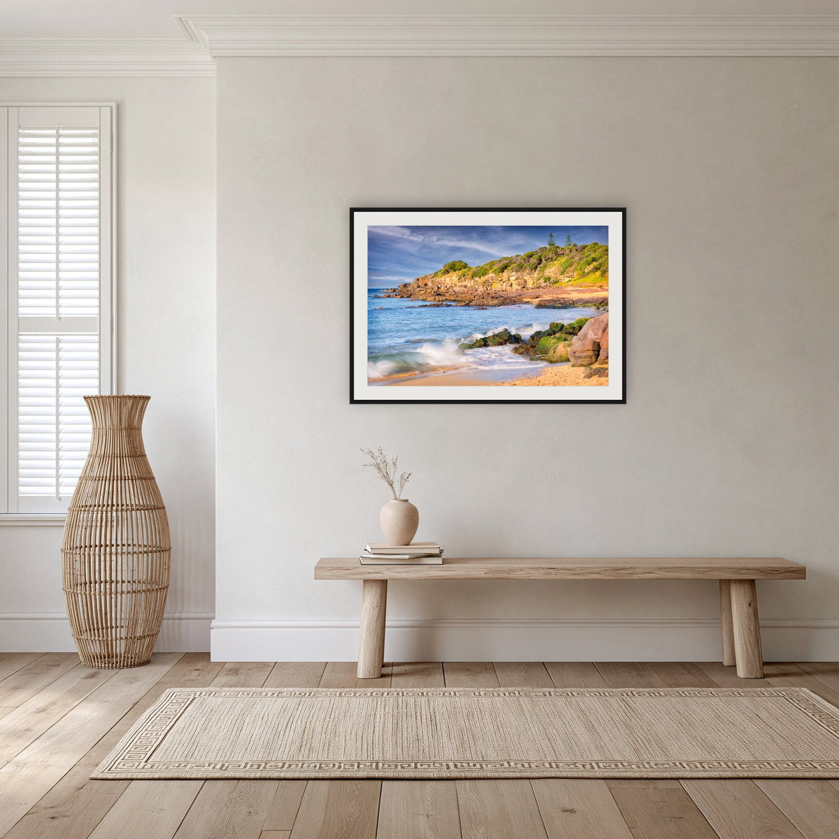 Short Point Cliffs framed print in black with a white mat, in a hallway