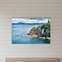 Twofold Bay Rocky Cliffs & Mt Imlay acrylic panel wall art in a shiplap-panelled bedroom