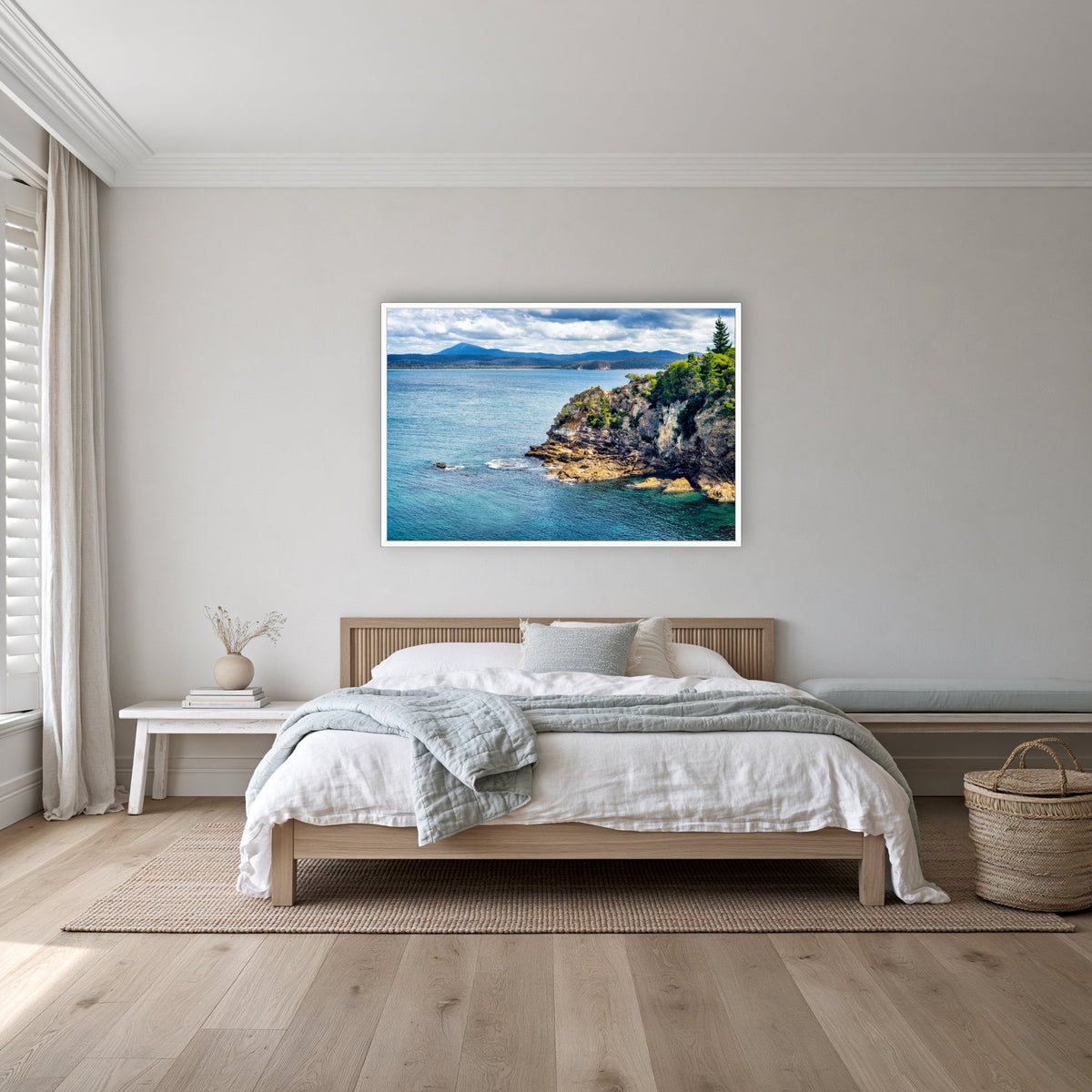 Twofold Bay Rocky Cliffs & Mt Imlay in a white frame without a mat, on a coastal bedroom wall