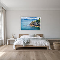 Twofold Bay Rocky Cliffs & Mt Imlay in a white frame without a mat, on a coastal bedroom wall