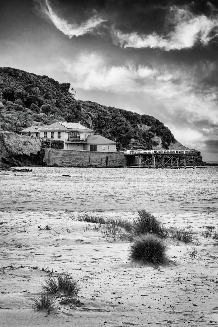 Merimbula Wharf from Main Beach in pure black and white — fine art print