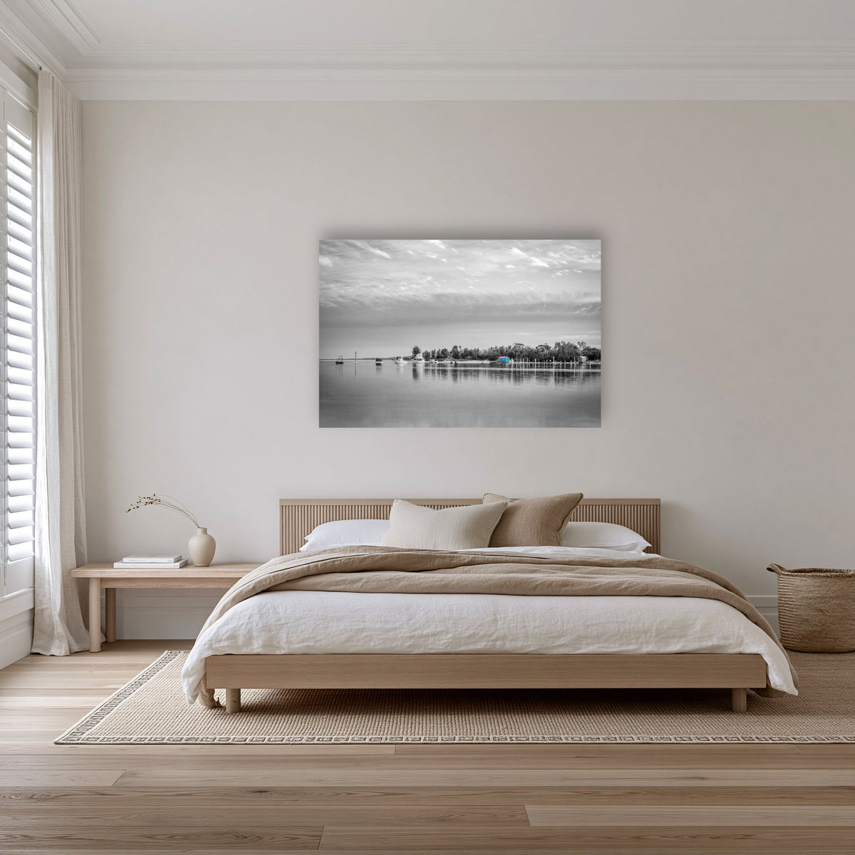 Mitchies Jetty in black and white with colour, acrylic panel wall art in a bedroom
