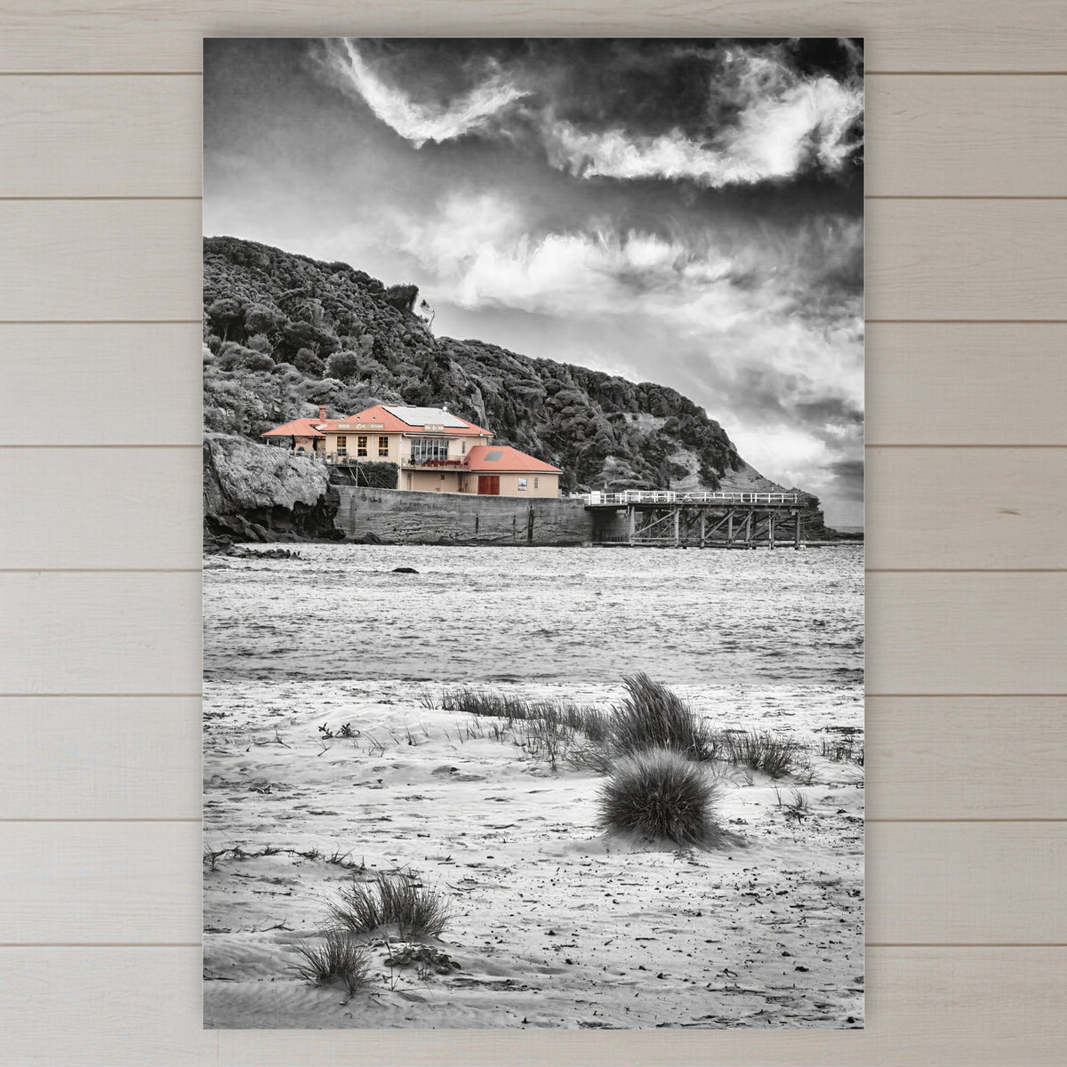 Merimbula Wharf from Main Beach acrylic panel wall art in a coastal bedroom