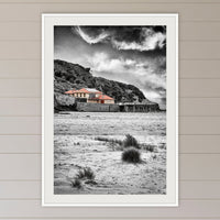 Merimbula Wharf from Main Beach framed print in white with a mat, in a coastal lounge room
