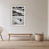 Merimbula Wharf from Main Beach framed print in oak with a white mat, in a cane-panelled hallway