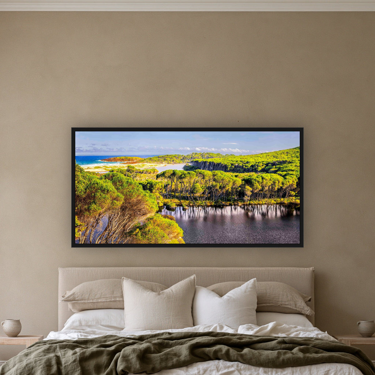 Bournda Lagoon from the Hilltop wide panorama in a black frame above a linen bed — wall art, Sapphire Coast NSW