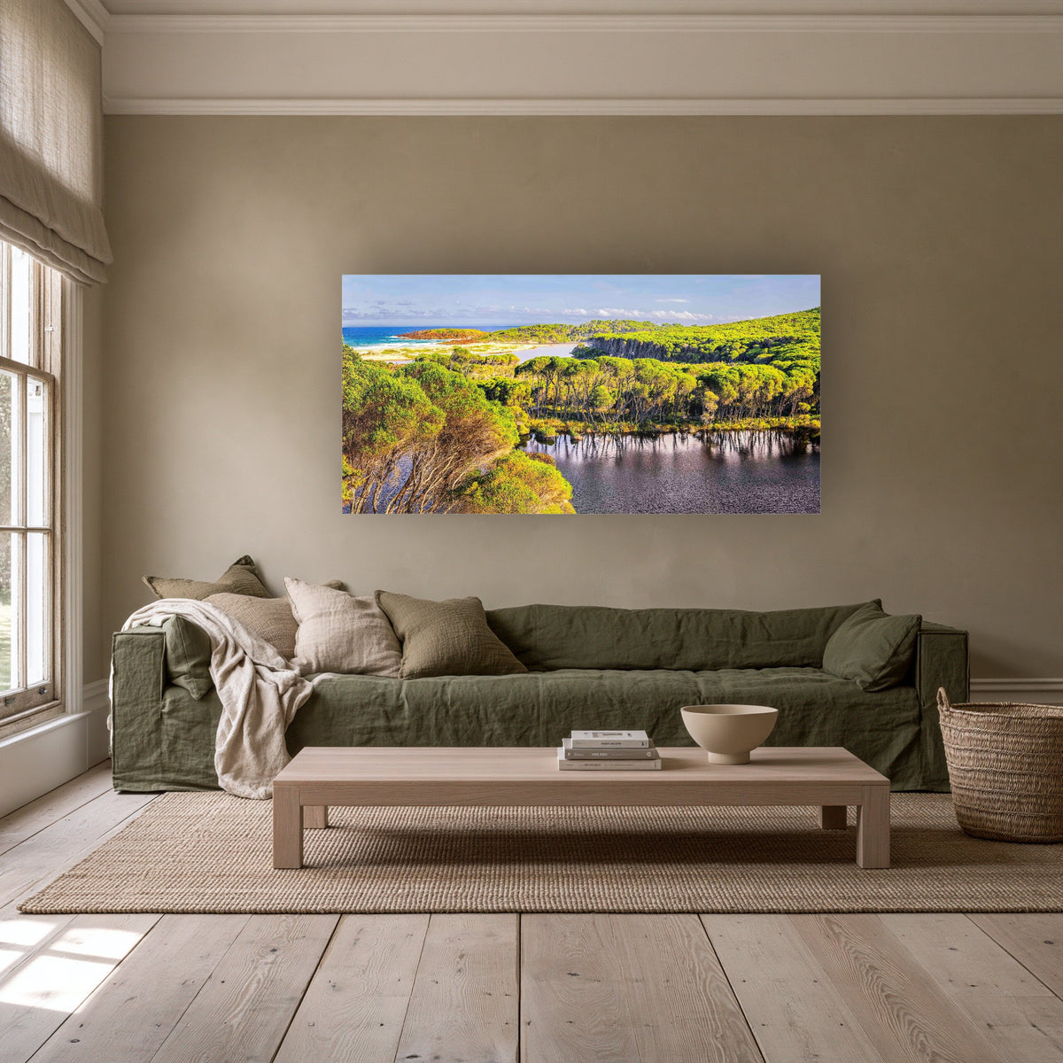 Bournda Lagoon from the Hilltop wide panorama in acrylic above an olive linen sofa — wall art, Sapphire Coast NSW