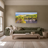 Bournda Lagoon from the Hilltop wide panorama in acrylic above an olive linen sofa — wall art, Sapphire Coast NSW