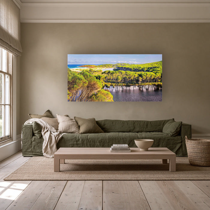 Bournda Lagoon from the Hilltop wide panorama in acrylic above an olive linen sofa — wall art, Sapphire Coast NSW