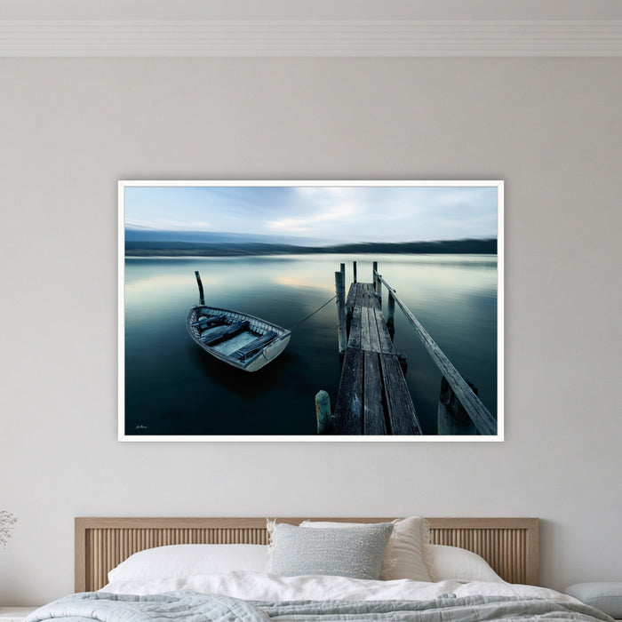 Little Boat at Fishpen Jetty Artistic Treatment in a white frame without a mat, on a coastal bedroom wall