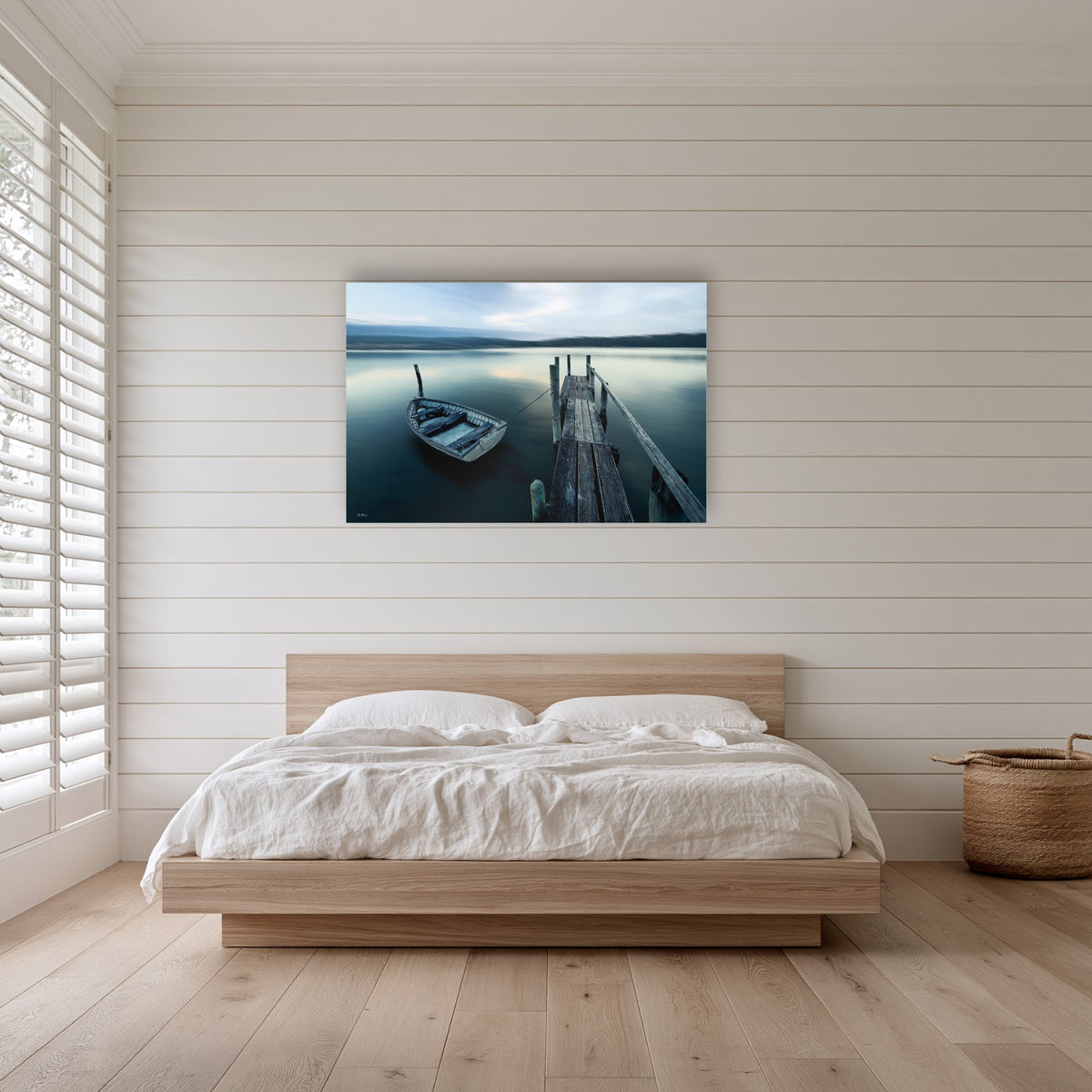 Little Boat at Fishpen Jetty Artistic Treatment acrylic panel wall art in a shiplap-panelled bedroom