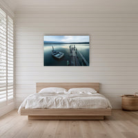 Little Boat at Fishpen Jetty Artistic Treatment acrylic panel wall art in a shiplap-panelled bedroom
