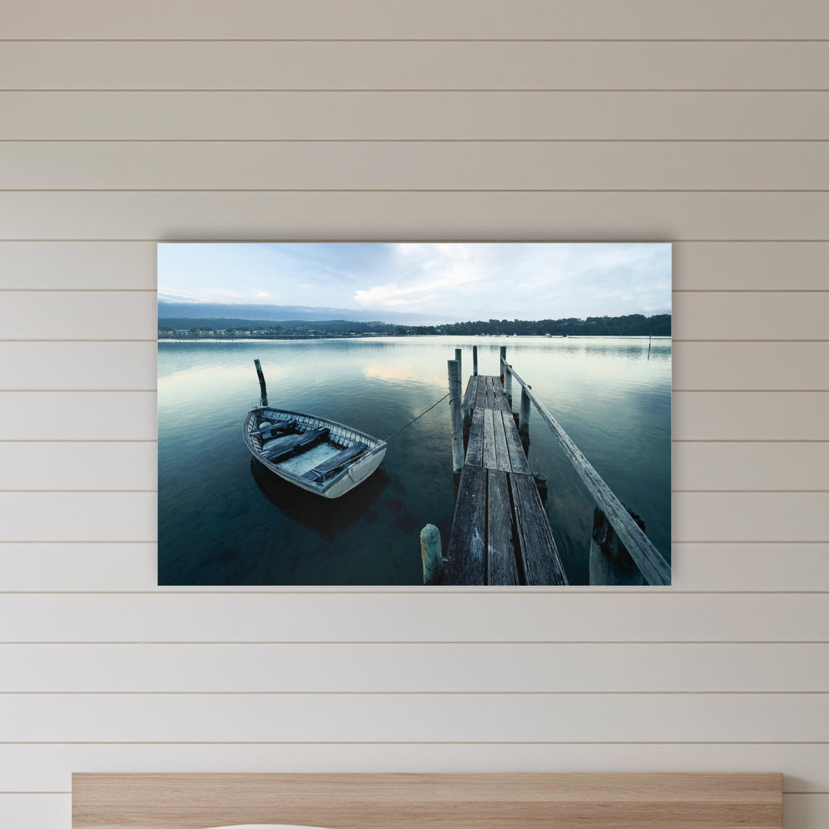 Little Boat at Fishpen Jetty acrylic panel wall art in a shiplap-panelled bedroom