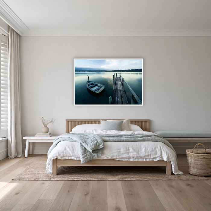 Little Boat at Fishpen Jetty in a white frame without a mat, on a coastal bedroom wall