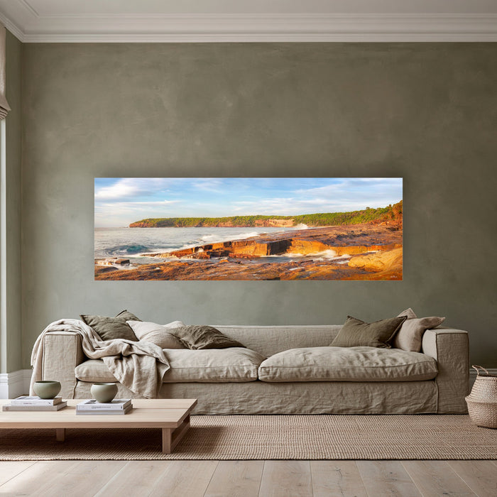 Short Point Splendour super wide panorama in acrylic above a linen sofa — wall art, Merimbula NSW