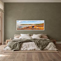 Short Point Splendour super wide panorama in a white frame above a linen bed on an olive wall — wall art, Merimbula NSW
