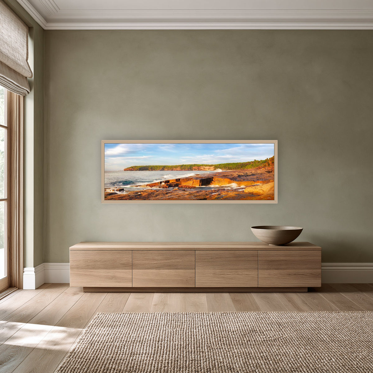 Short Point Splendour super wide panorama in an oak frame above a long oak sideboard — wall art, Merimbula NSW