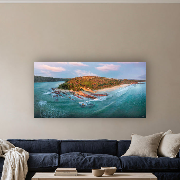 Pambula River Mouth wide panorama in acrylic above a navy linen sofa — wall art, Sapphire Coast NSW
