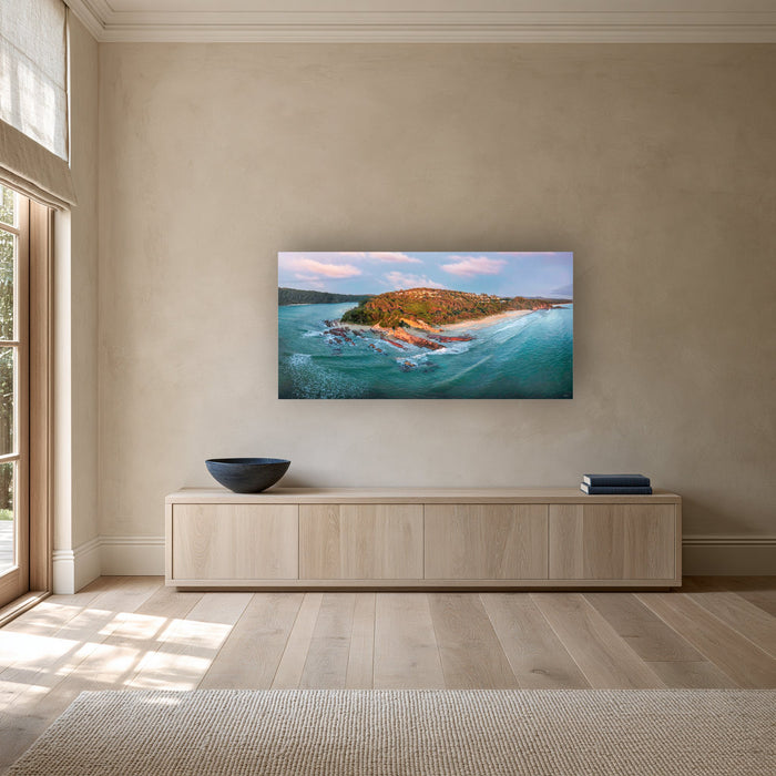 Pambula River Mouth wide panorama in acrylic above a long oak sideboard — wall art, Sapphire Coast NSW