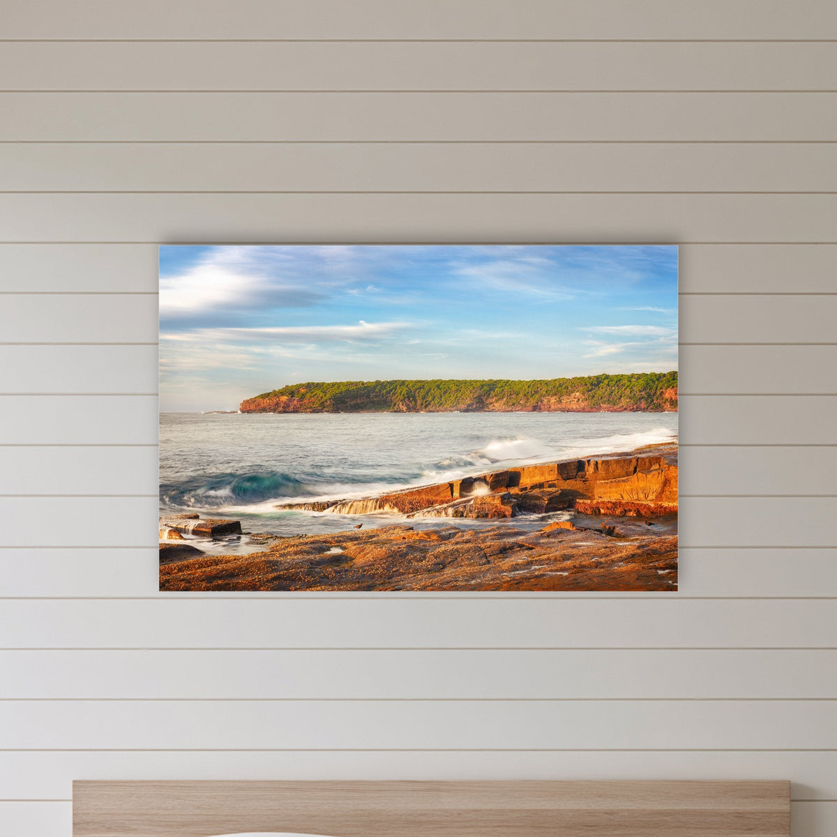 Short Point Sunrise acrylic panel wall art in a shiplap-panelled bedroom