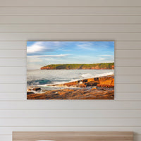 Short Point Sunrise acrylic panel wall art in a shiplap-panelled bedroom