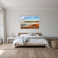 Short Point Sunrise in a white frame without a mat, on a coastal bedroom wall