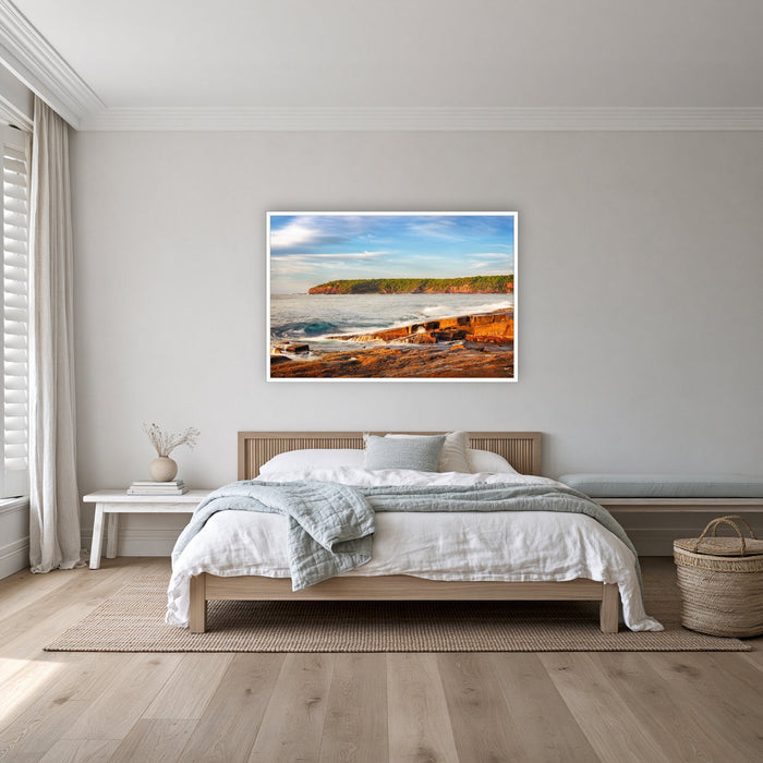 Short Point Sunrise in a white frame without a mat, on a coastal bedroom wall