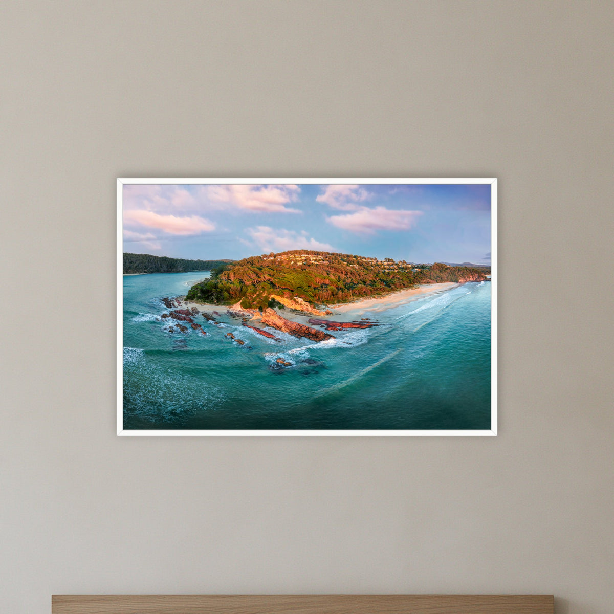 Pambula Beach Seascape in a white frame without a mat, on a bedroom wall