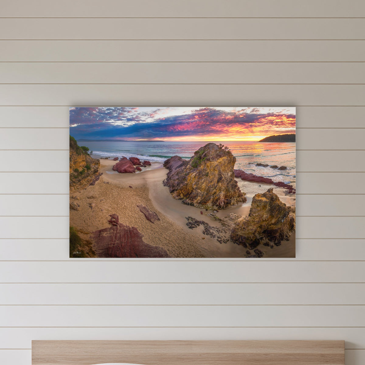 Pambula Beach Sunrise acrylic panel wall art in a shiplap-panelled bedroom