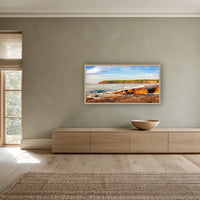 Short Point Sunrise wide panorama in an oak frame above an oak sideboard — wall art, Merimbula NSW