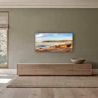 Short Point Sunrise wide panorama in acrylic above a long oak sideboard — wall art, Merimbula NSW