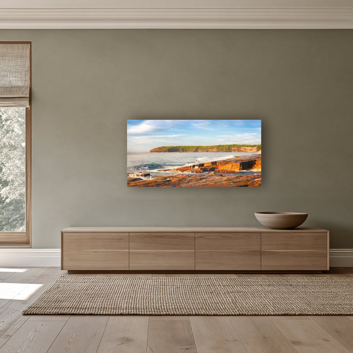 Short Point Sunrise wide panorama in acrylic above a long oak sideboard — wall art, Merimbula NSW