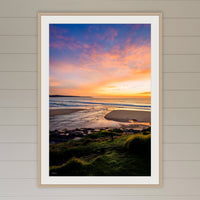 Short Point Back Lake framed print in oak with a white mat, in a coastal lounge room