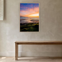 Short Point Back Lake in an oak frame without a mat, in a plaster-walled hallway