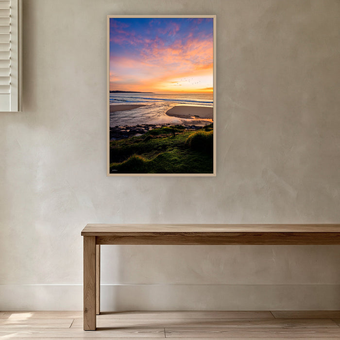 Short Point Back Lake in an oak frame without a mat, in a plaster-walled hallway