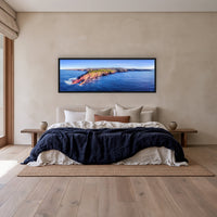 Ben Boyd Tower at Golden Hour super wide panorama in a black frame above a linen bed — wall art, Eden NSW