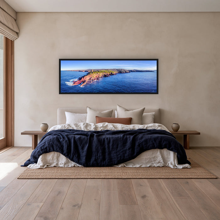Ben Boyd Tower at Golden Hour super wide panorama in a black frame above a linen bed — wall art, Eden NSW