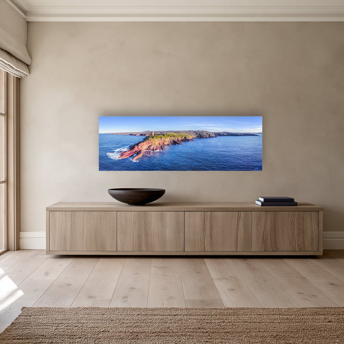 Ben Boyd Tower at Golden Hour super wide panorama in acrylic above a long oak sideboard — wall art, Eden NSW