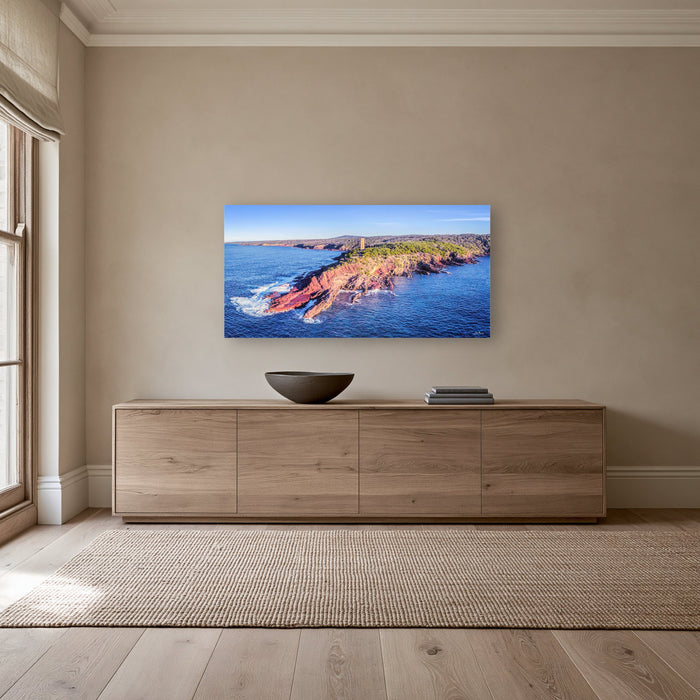 Ben Boyd Tower at Golden Hour wide panorama in acrylic above a long oak sideboard — wall art, Eden NSW