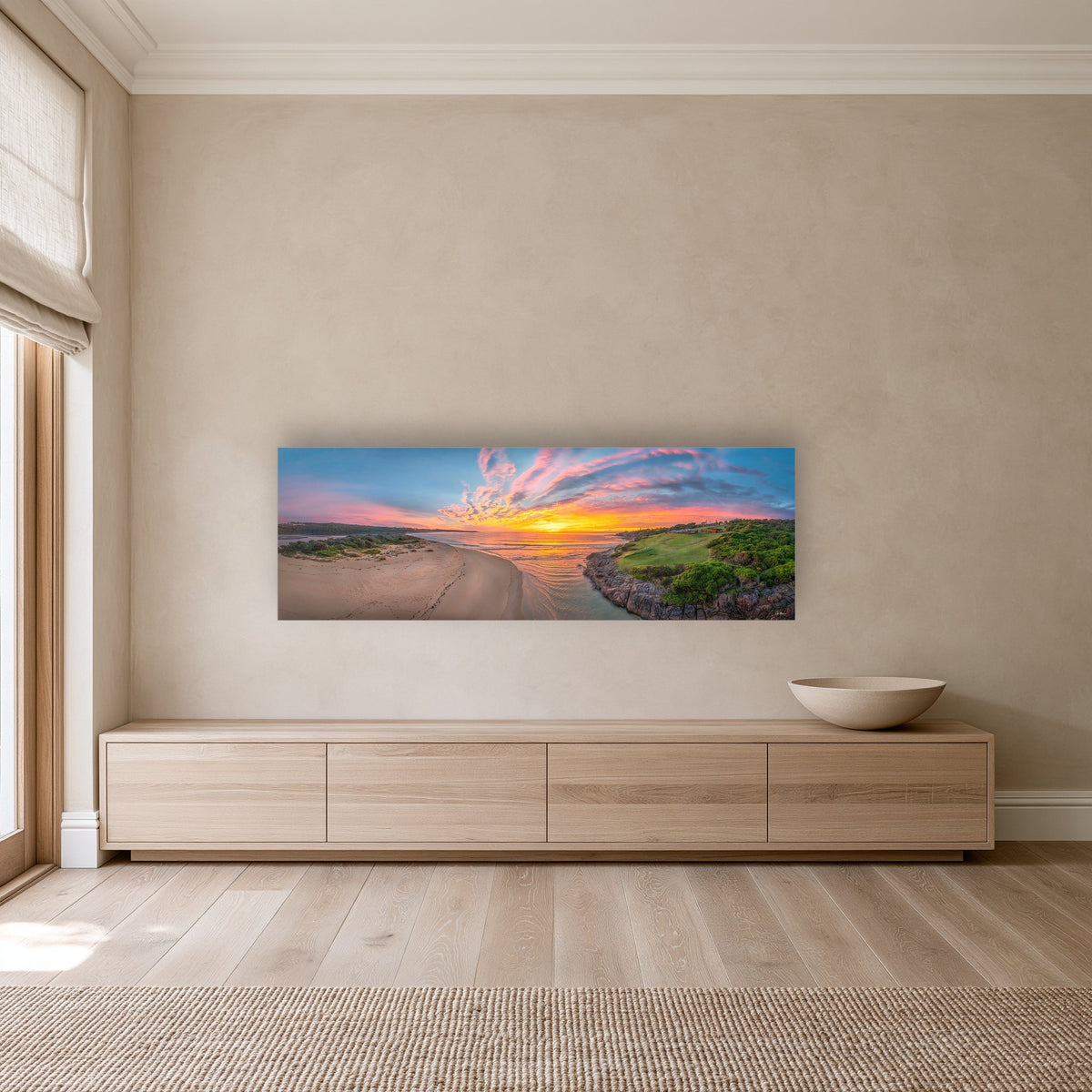 Short Point New Day super wide panorama in acrylic above a long oak sideboard — wall art, Merimbula NSW