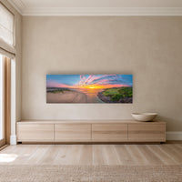 Short Point New Day super wide panorama in acrylic above a long oak sideboard — wall art, Merimbula NSW