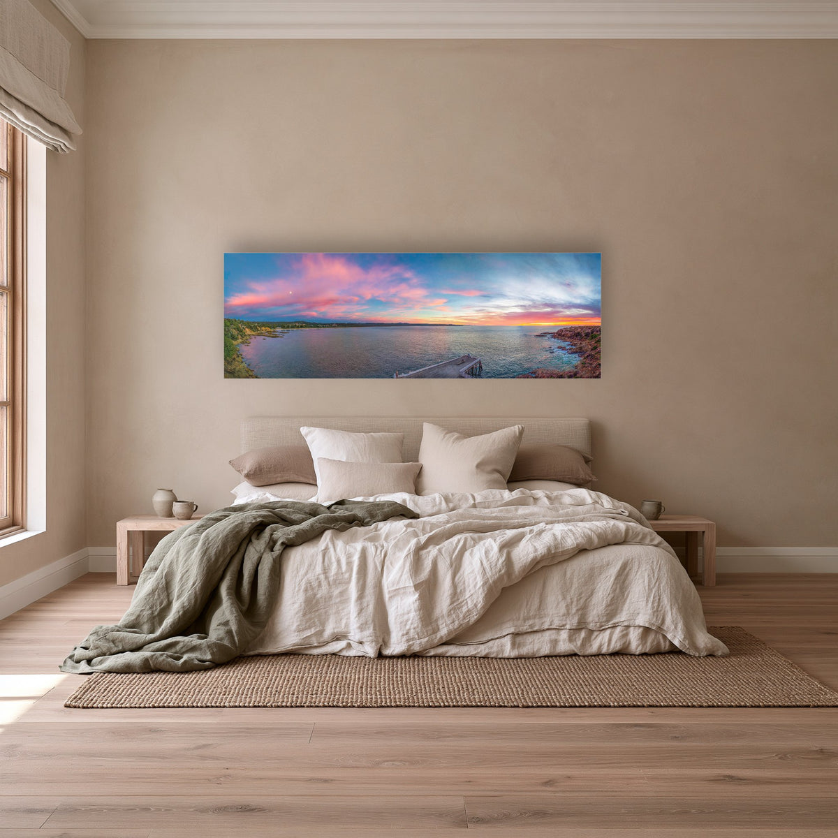 Tathra Sunrise super wide panorama in acrylic above a linen bedhead — wall art, Sapphire Coast NSW