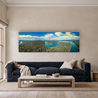 Broadwater and Pambula River super wide panorama in acrylic above a navy linen sofa — wall art, Sapphire Coast NSW