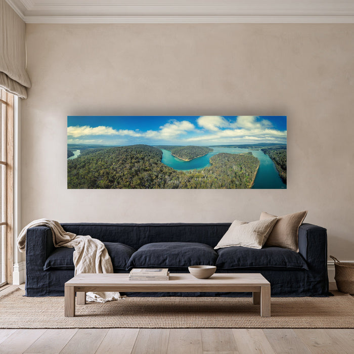 Broadwater and Pambula River super wide panorama in acrylic above a navy linen sofa — wall art, Sapphire Coast NSW