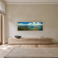 Broadwater and Pambula River super wide panorama in an oak frame above a long oak sideboard — wall art, Sapphire Coast NSW